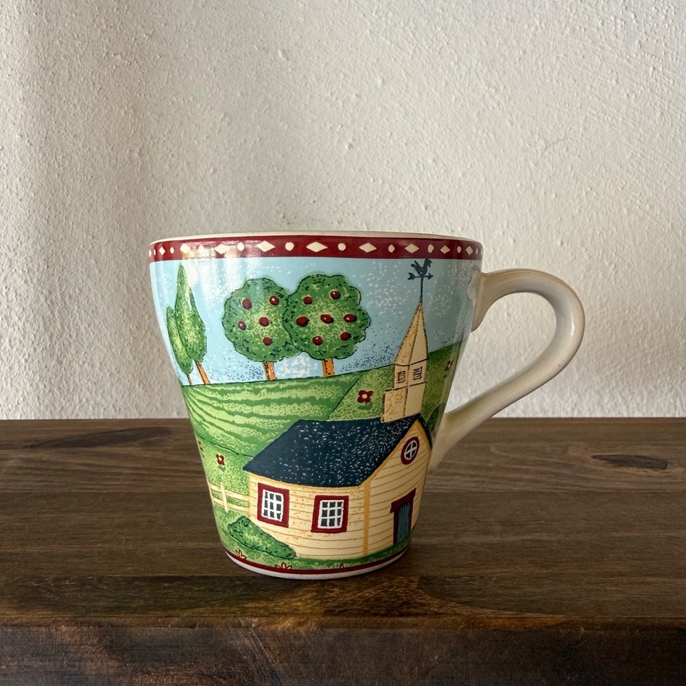 Vintage Sango Green Acres Mug 1995 Farmhouse Country Church Coffee Cup 4873-20